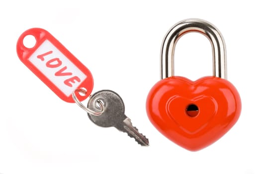 Photo of padlock and key with love label on a white background