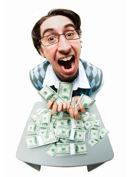 Portrait of rich man raking in American dollars with satisfied expression