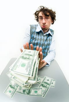 Portrait of strange man refusing to take money