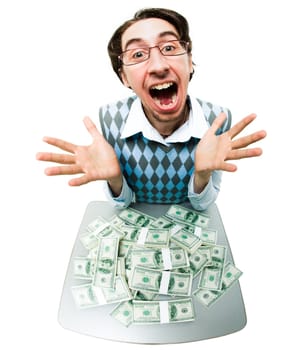 Fish-eye shot of happy screaming man with lots of dollars in front of him