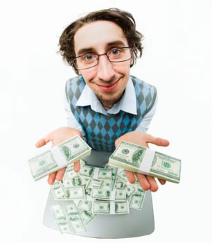 Image of satisfied male holding cash on his palms and smiling