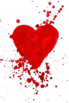 Abstract painting of heart covered with splashes over white background