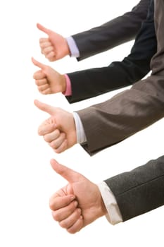 Row of several human hands showing thumbs up over white background