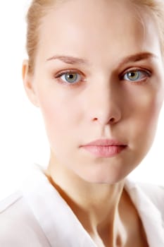 Face of lovely miss looking at camera over white background