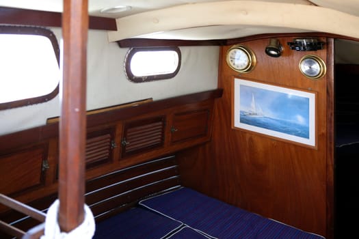 Interior view of a wooden sailboat in Spain