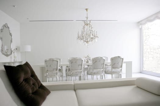 Dining room, lounge area white interior decoration house
