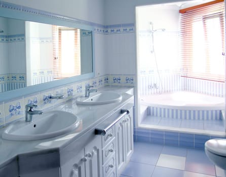 classic blue bathroom interior tiles decoration window light