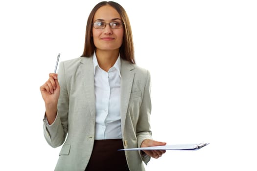 Portrait of successful teacher with pen and clipboard in isolation
