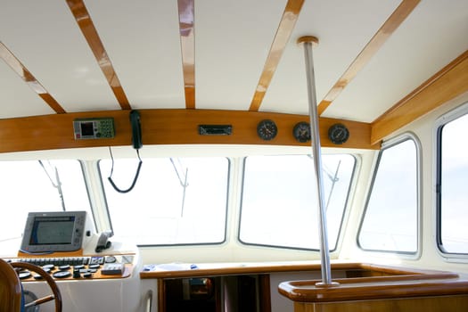 Classic fishing nice boat white and wood interior, backlight