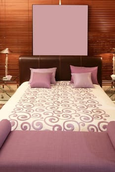 purple bedroom bed warm wood sunblind background