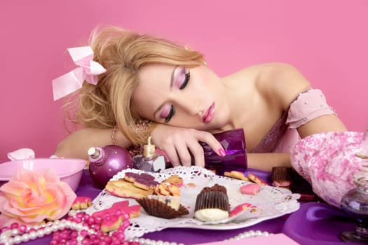 drunk party princess barbie pink fashion woman on messy table