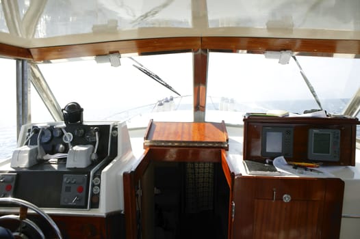 Classic fishing nice boat white and wood interior, backlight