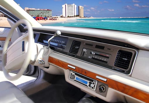 car indoor retro vintage with Cancun mexico beach in window