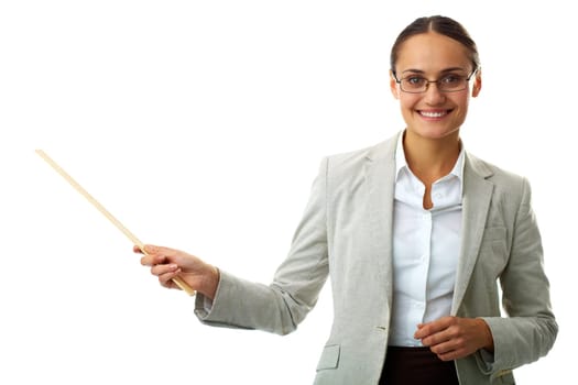 Portrait of smiling teacher looking at camera in isolation