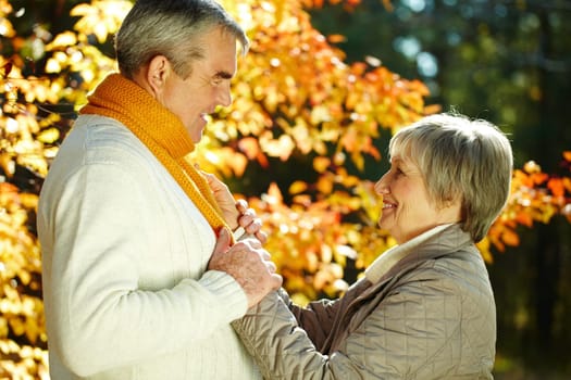 Photo of amorous aged man and woman looking at each other in autumnal park