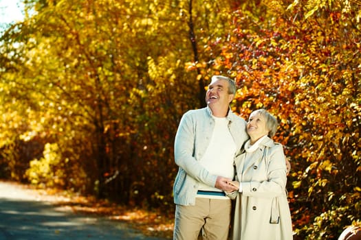 Photo of happy aged man and woman looking at something in autumnal park