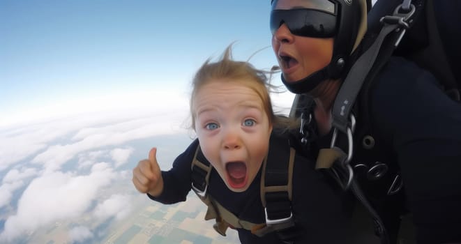 Family extreme sports. Joint parachute jump for mum and child. The delight and emotions of free fall.