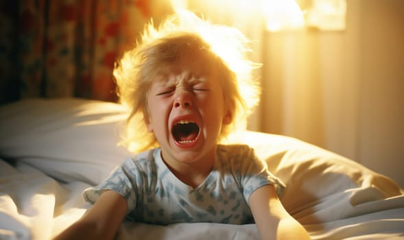 Child cries in bed before bed time, Closeup young girl hurt in pain crying in white bed copy space. Lonely depress stress angry unhappy kid terrible two concept copy space Space for text