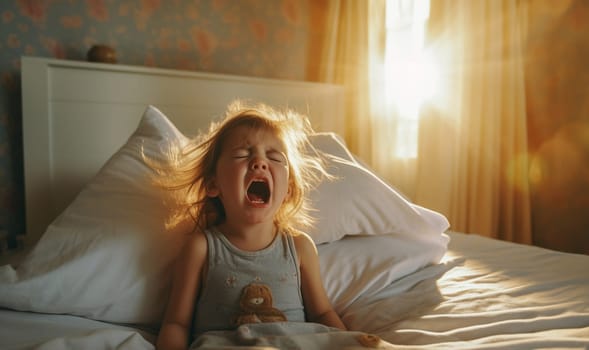 Child cries in bed before bed time, Closeup young girl hurt in pain crying in white bed copy space. Lonely depress stress angry unhappy kid terrible two concept copy space Space for text