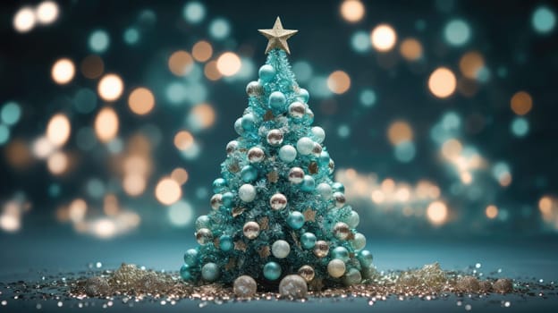 christmas tree xmas holiday decoration with glitter bokeh background, ai