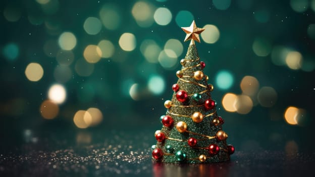 christmas tree xmas holiday decoration with glitter bokeh background, ai