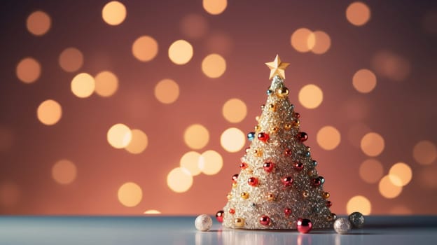 christmas tree xmas holiday decoration with glitter bokeh background, ai