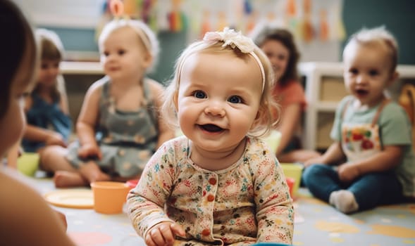 multicultural daycare center with African American toddler babies. Group of workers with babies in nursery or kindergarten playful. copy space