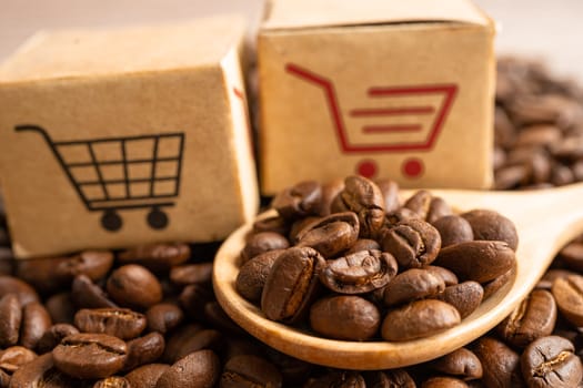 Box with shopping cart logo symbol on coffee beans, Import Export Shopping online or eCommerce delivery service store product shipping, trade, supplier concept.