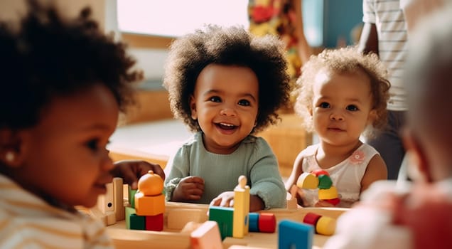 multicultural daycare center with African American toddler babies. Group of workers with babies in nursery or kindergarten playful. copy space