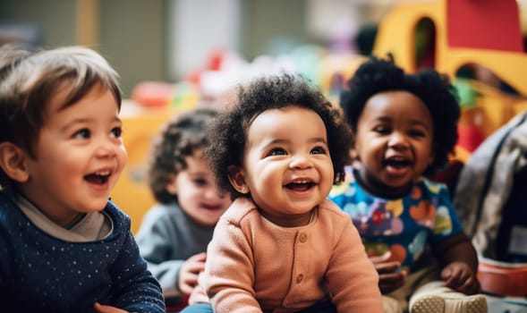 multicultural daycare center with African American toddler babies. Group of workers with babies in nursery or kindergarten playful. copy space