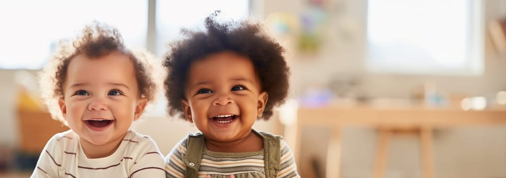 multicultural daycare center with African American toddler babies. Group of workers with babies in nursery or kindergarten playful. copy space