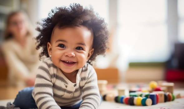 multicultural daycare center with African American toddler babies. Group of workers with babies in nursery or kindergarten playful. copy space