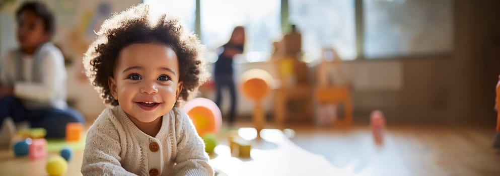 multicultural daycare center with African American toddler babies. Group of workers with babies in nursery or kindergarten playful. copy space