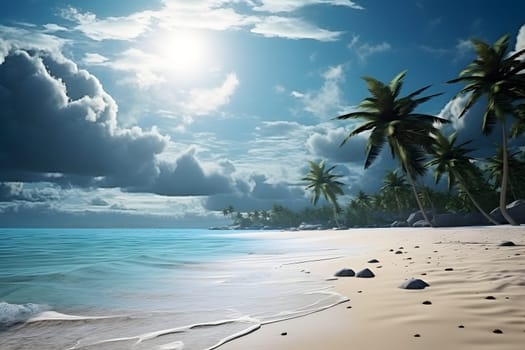 tropical beach view with white sand, turquoise water and palm tree at sunny day with incoming storm clouds. Neural network generated image. Not based on any actual scene or pattern.