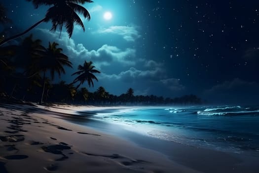 tropical paradise beach at full moon night. Neural network generated photorealistic image. Not based on any actual scene or pattern.