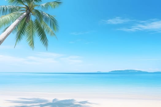 tropical beach view at sunny day with white sand, turquoise water and palm tree. Neural network generated image. Not based on any actual scene or pattern.