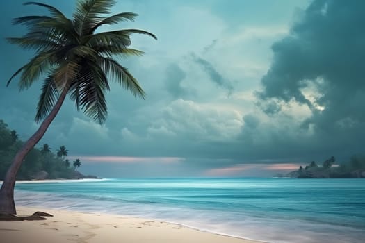 tropical beach view with white sand, turquoise water and palm tree at stormy day. Neural network generated photorealistic image. Not based on any actual scene or pattern.