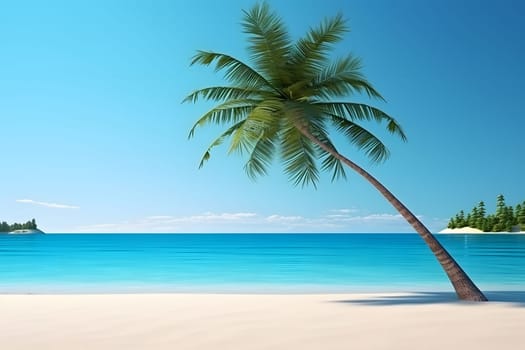 tropical beach view at sunny day with white sand, turquoise water and palm tree. Neural network generated image. Not based on any actual scene or pattern.