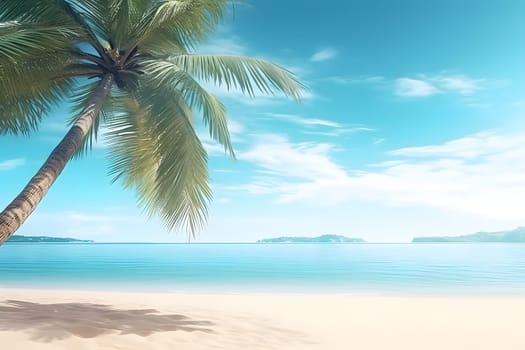 tropical beach view at sunny day with white sand, turquoise water and palm tree. Neural network generated image. Not based on any actual scene or pattern.