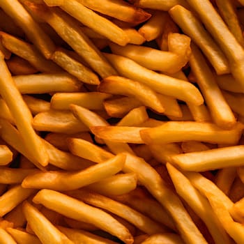 seamless texture and full-frame background of piled French fries, neural network generated image. Not based on any actual scene or pattern.