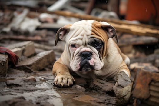 Alone wet and dirty bulldog after disaster on the background of house rubble. Neural network generated image. Not based on any actual scene or pattern.