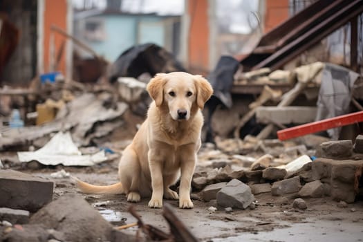 Alone wet dirty Golden Retriever after disaster on the background of house rubble. Neural network generated image. Not based on any actual scene.