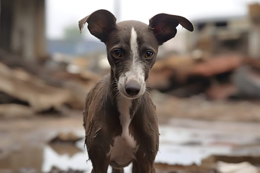 Alone wet and dirty Italian Greyhound after disaster on the background of house rubble. Neural network generated image. Not based on any actual scene.