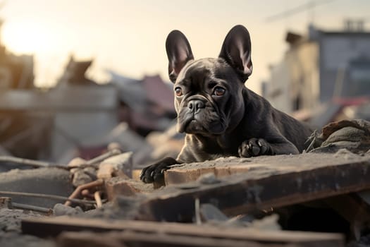 Alone and hungry French Bulldog after disaster on the background of house rubble. Neural network generated image. Not based on any actual scene.