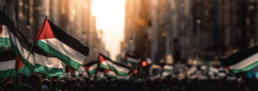 Palestinian Freedom Protest. Conflict and war concept. Palestina vs Israel. People of Palestina raising Flags in the city Copy space Space for text