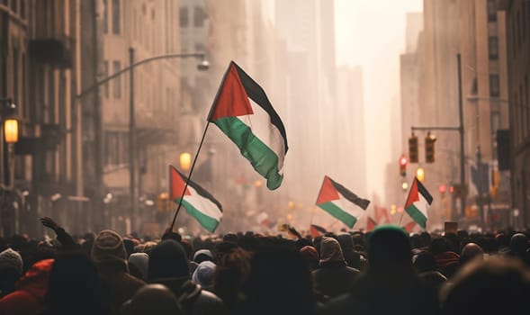 Palestinian Freedom Protest. Conflict and war concept. Palestina vs Israel. People of Palestina raising Flags in the city Copy space Space for text