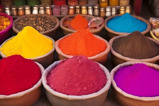 Colorful powder for sale in shop during Holi color festival. Neural network generated photorealistic image. Not based on any actual person or scene.