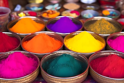 Colorful powder for sale in shop during Holi color festival. Neural network generated photorealistic image. Not based on any actual person or scene.