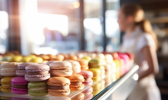 Pastry shop with macaroons Cakes in the store. Banner. Different color varieties of Macaroon on the counter behind the glass. Copy space. Colorful sweets Copy space