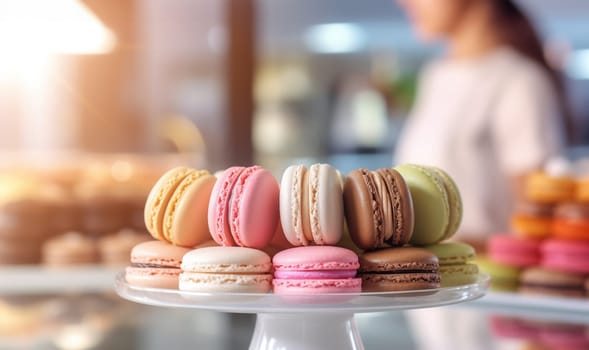 Pastry shop with macaroons Cakes in the store. Banner. Different color varieties of Macaroon on the counter behind the glass. Copy space. Colorful sweets Copy space